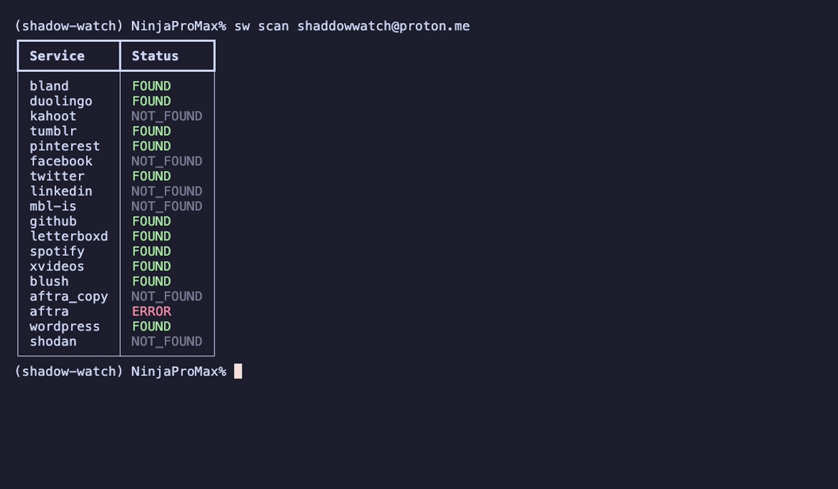 ShadowWatch — live scan output